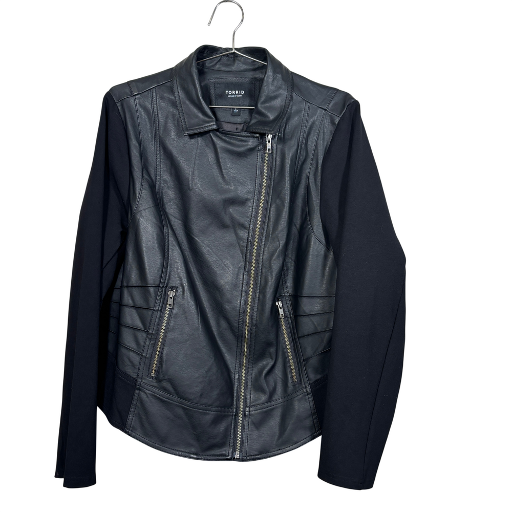 Torrid black faux leather jacket with asymmetrical front zip, zip hand pockets,